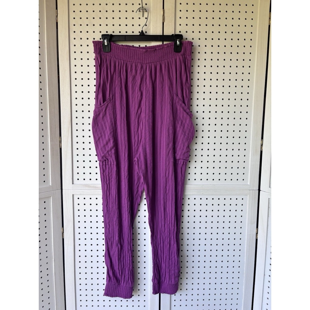 Sundance Size L Purple Stripe 100% Cotton Cargo Jogger Pants Smocked Waist Boho